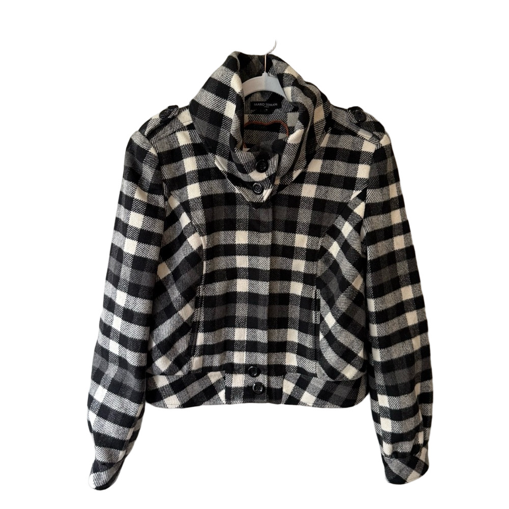 Mario Serrani Black and White Checkered Jacket Plaid Size 8 Cozy Fall Winter